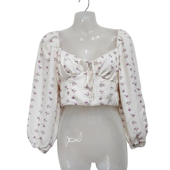 Wild Fable White Puff Sleeve Crop Blouse Milkmaid Cottage Tie Front Size Small - Picture 1 of 8